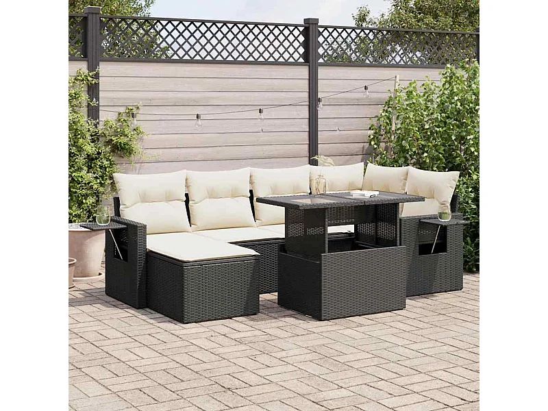 7-tlg. Garten-Sofagarnitur mit Kissen Schwarz Poly Rattan