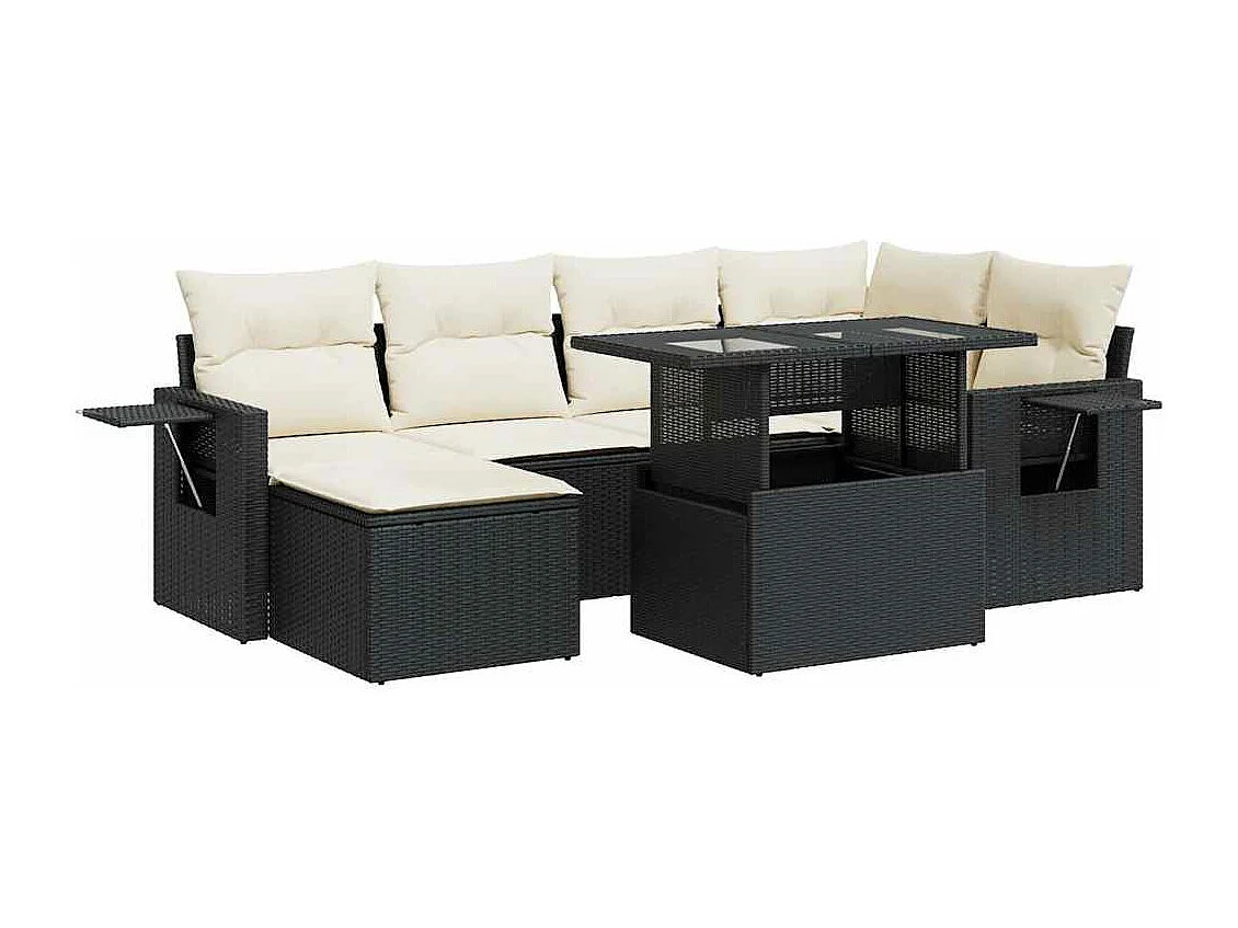 7-tlg. Garten-Sofagarnitur mit Kissen Schwarz Poly Rattan