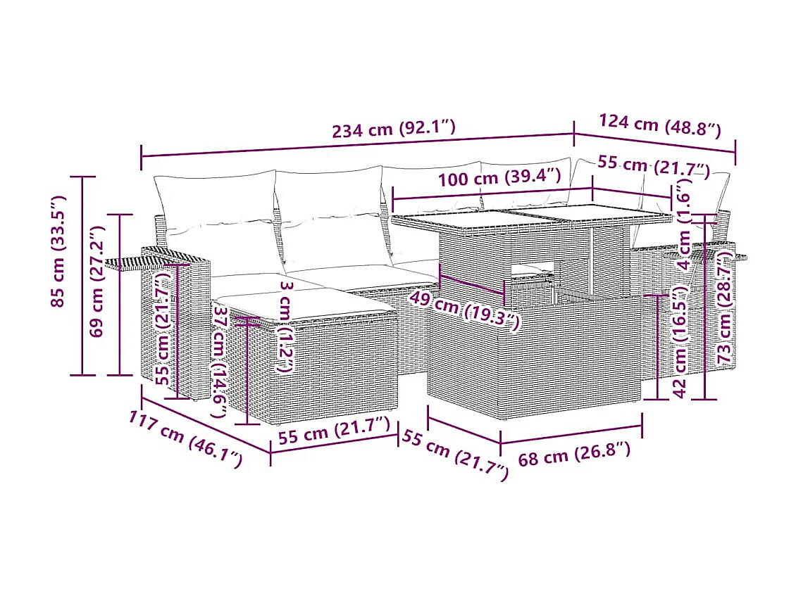 Salon de jardin 7 pcs avec coussins noir résine tressée