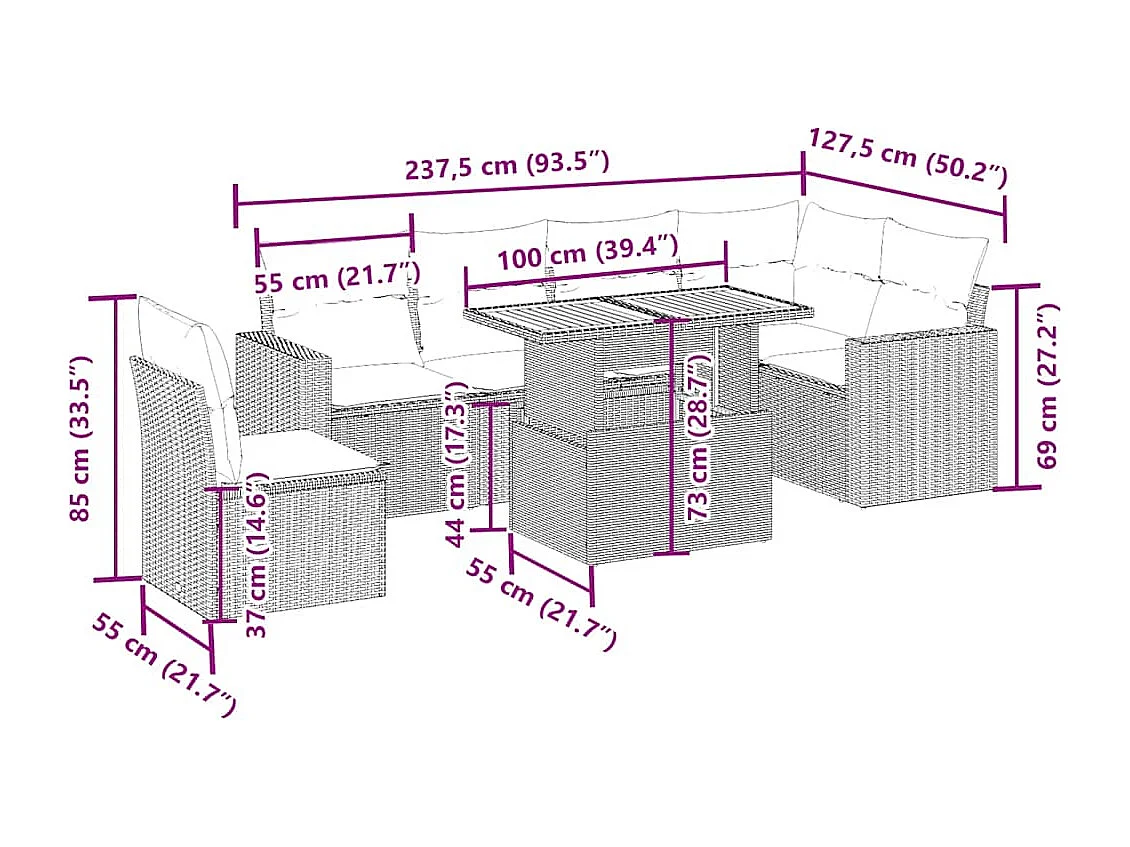 Salon de jardin avec coussins 7 pcs beige résine tressée