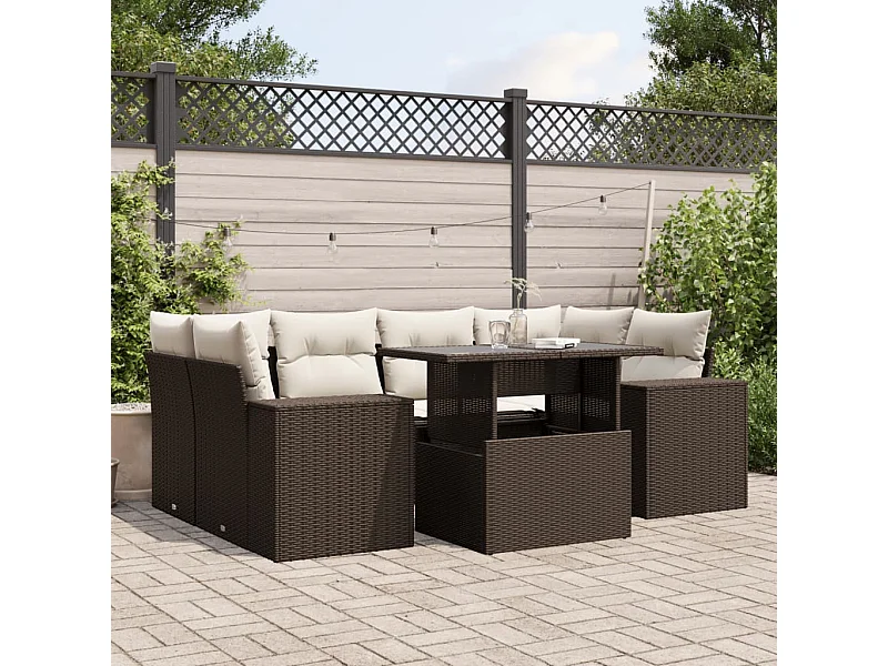 7-tlg. Garten-Sofagarnitur mit Kissen Braun Poly Rattan