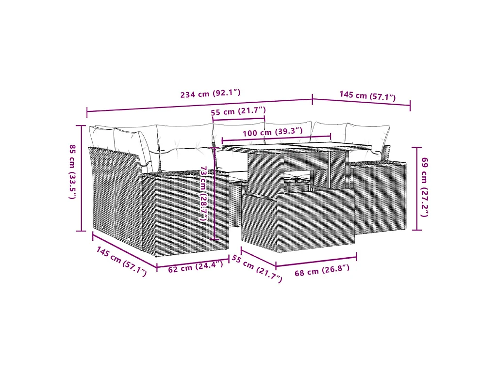 7-tlg. Garten-Sofagarnitur mit Kissen Braun Poly Rattan