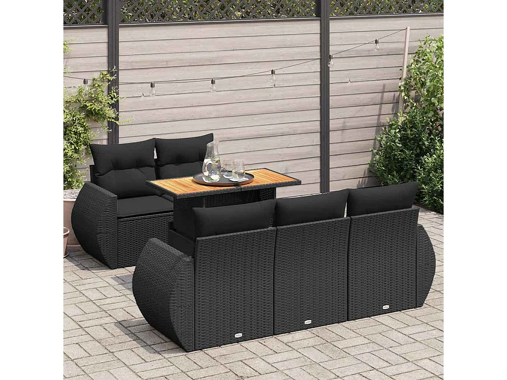 Salon de jardin 6 pcs avec coussins noir résine tressée