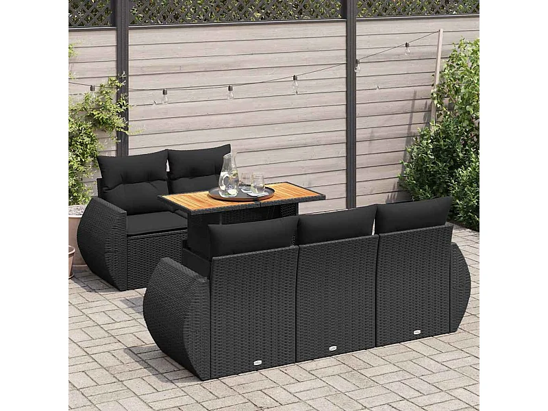 Salon de jardin 6 pcs avec coussins noir résine tressée