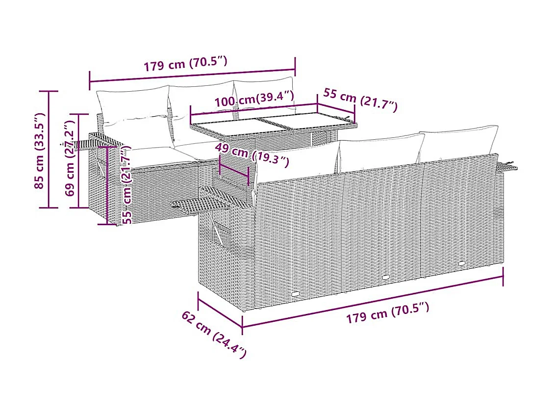 Salon de jardin avec coussins 7 pcs beige résine tressée