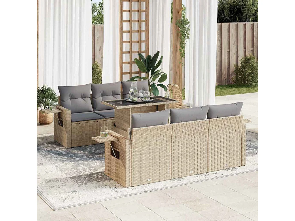 7-delige Loungeset met kussens poly rattan beige