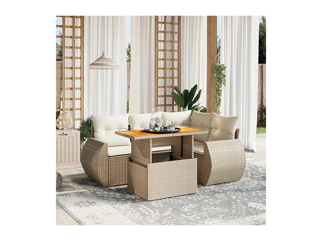 Salon de jardin avec coussins 5 pcs beige résine tressée