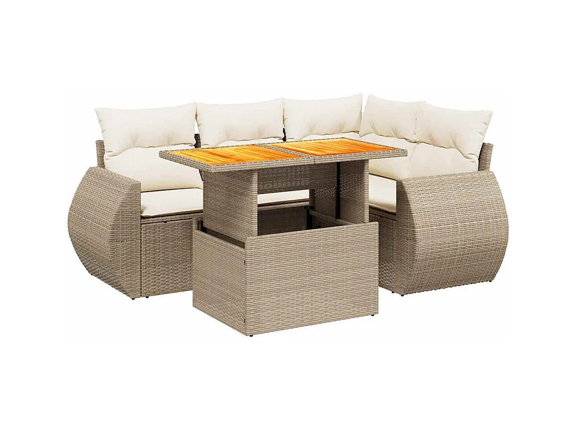 5-tlg. Garten-Sofagarnitur mit Kissen Beige Poly Rattan