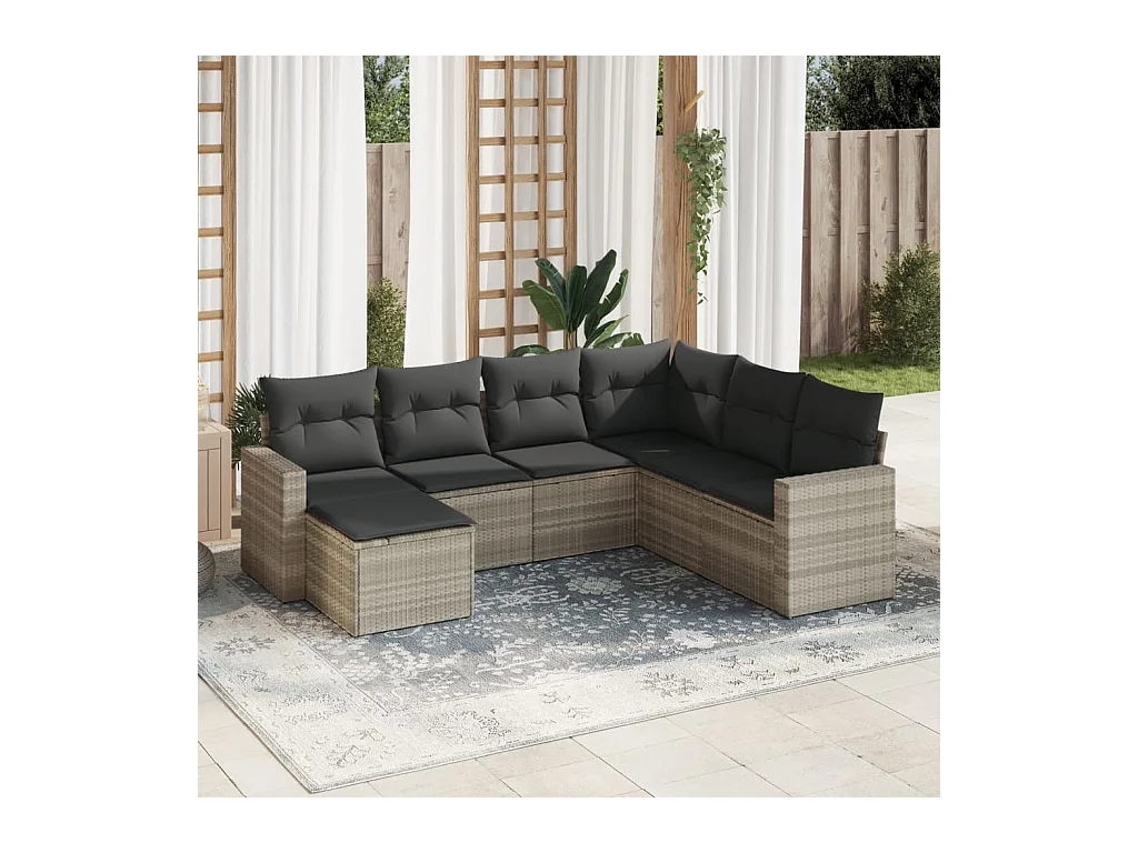 Salon de jardin avec coussins 7 pcs gris clair résine tressée