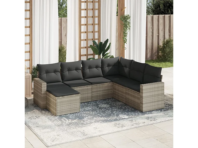Salon de jardin avec coussins 7 pcs gris clair résine tressée