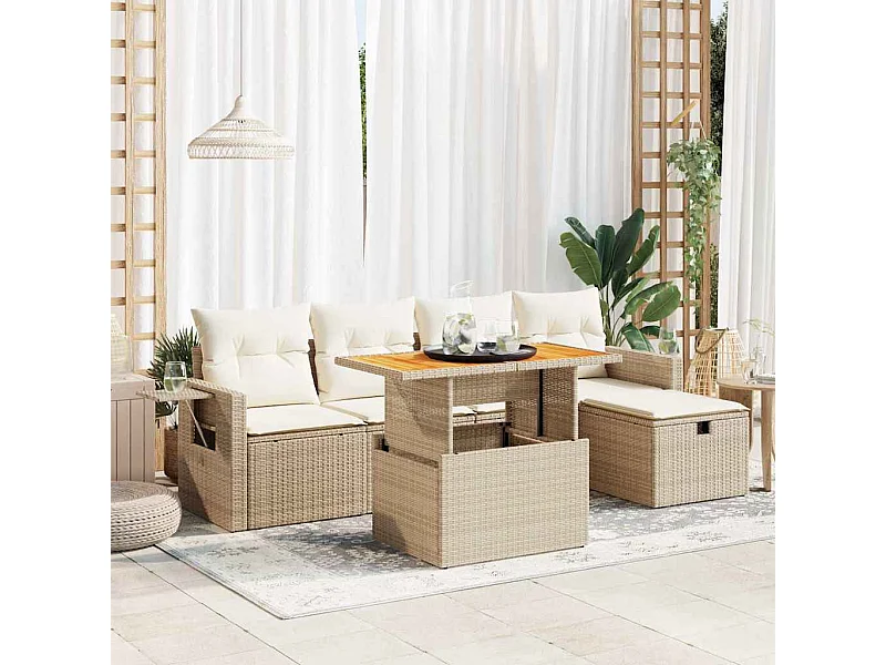 6-tlg. Garten-Sofagarnitur mit Kissen Beige Poly Rattan Akazie