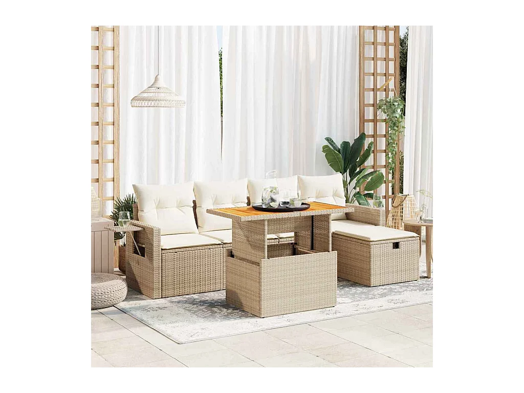 Set Divano da Giardino 6 pz con Cuscini Beige Polyrattan Acacia