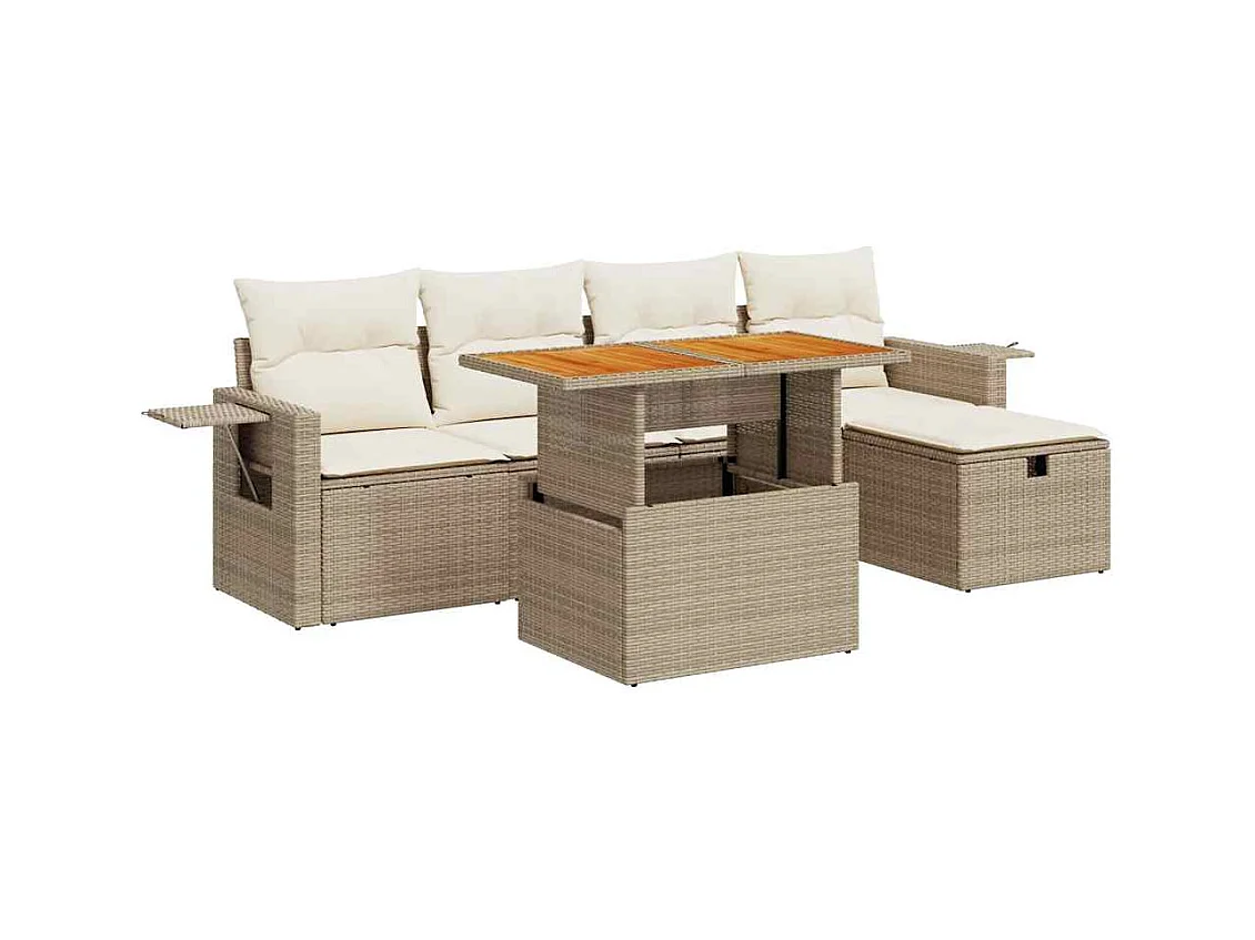 6-tlg. Garten-Sofagarnitur mit Kissen Beige Poly Rattan Akazie