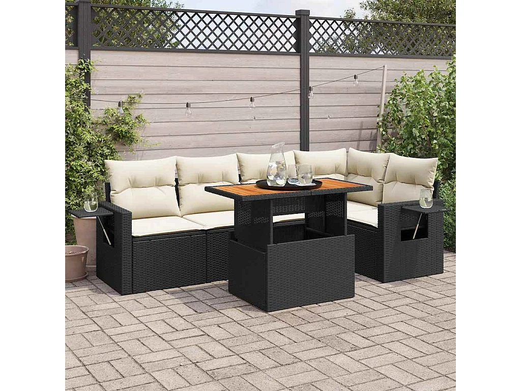 Set Divano da Giardino 6 pz con Cuscini Nero in Polyrattan