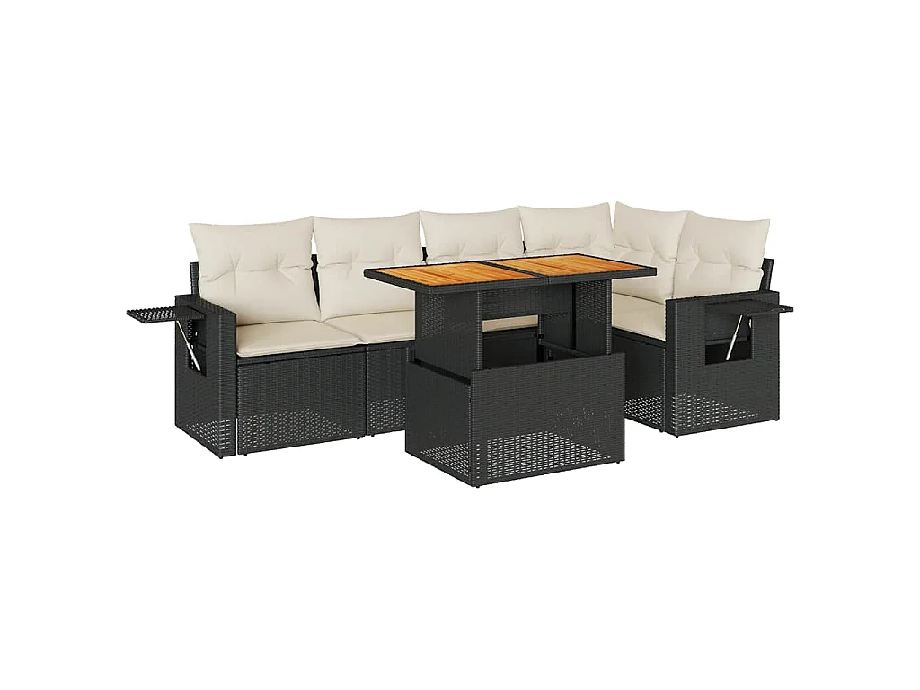 6-delige Loungeset met kussens poly rattan zwart