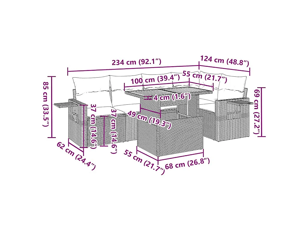 6-delige Loungeset met kussens poly rattan zwart