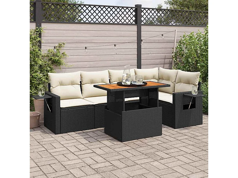 Set Divano da Giardino 6 pz con Cuscini Nero in Polyrattan