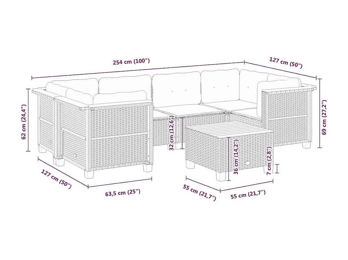 7-delige Loungeset met kussens poly rattan beige