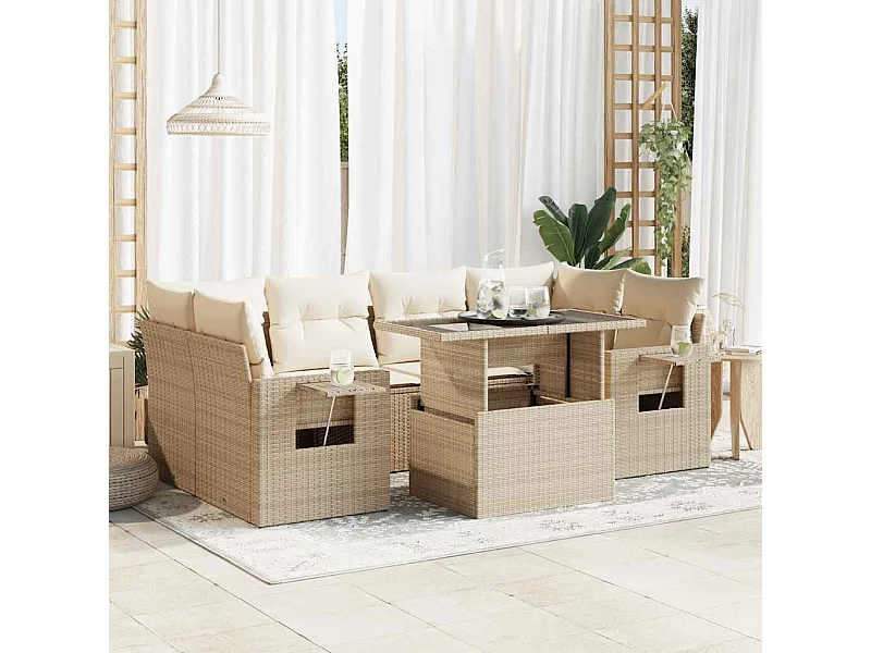 7-tlg. Garten-Sofagarnitur mit Kissen Beige Poly Rattan