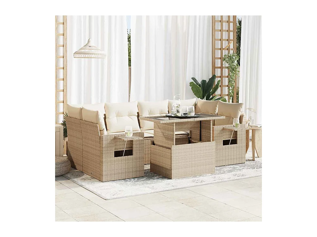 7-tlg. Garten-Sofagarnitur mit Kissen Beige Poly Rattan