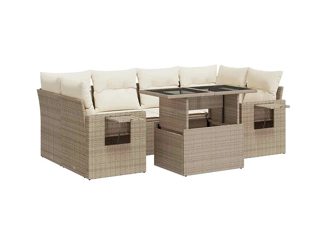 7-tlg. Garten-Sofagarnitur mit Kissen Beige Poly Rattan