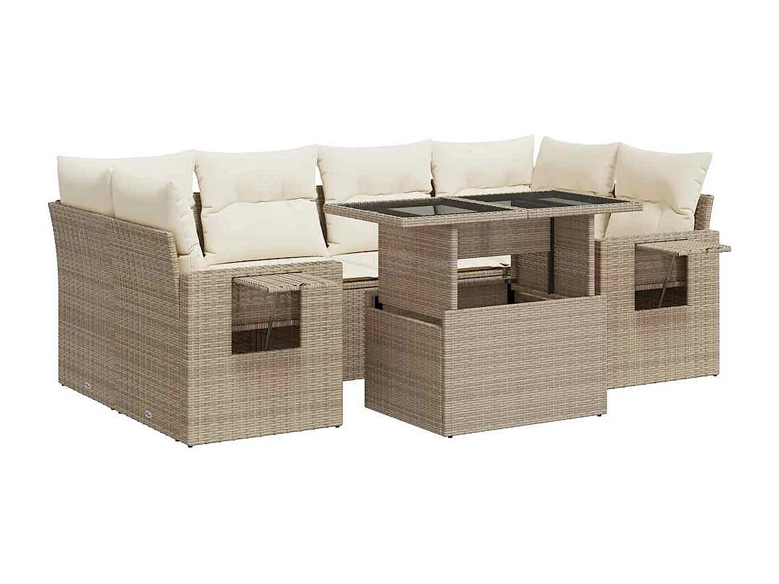 7-tlg. Garten-Sofagarnitur mit Kissen Beige Poly Rattan