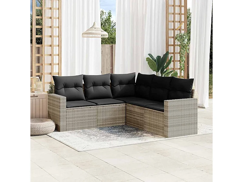 5-tlg. Garten-Sofagarnitur mit Kissen Hellgrau Poly Rattan
