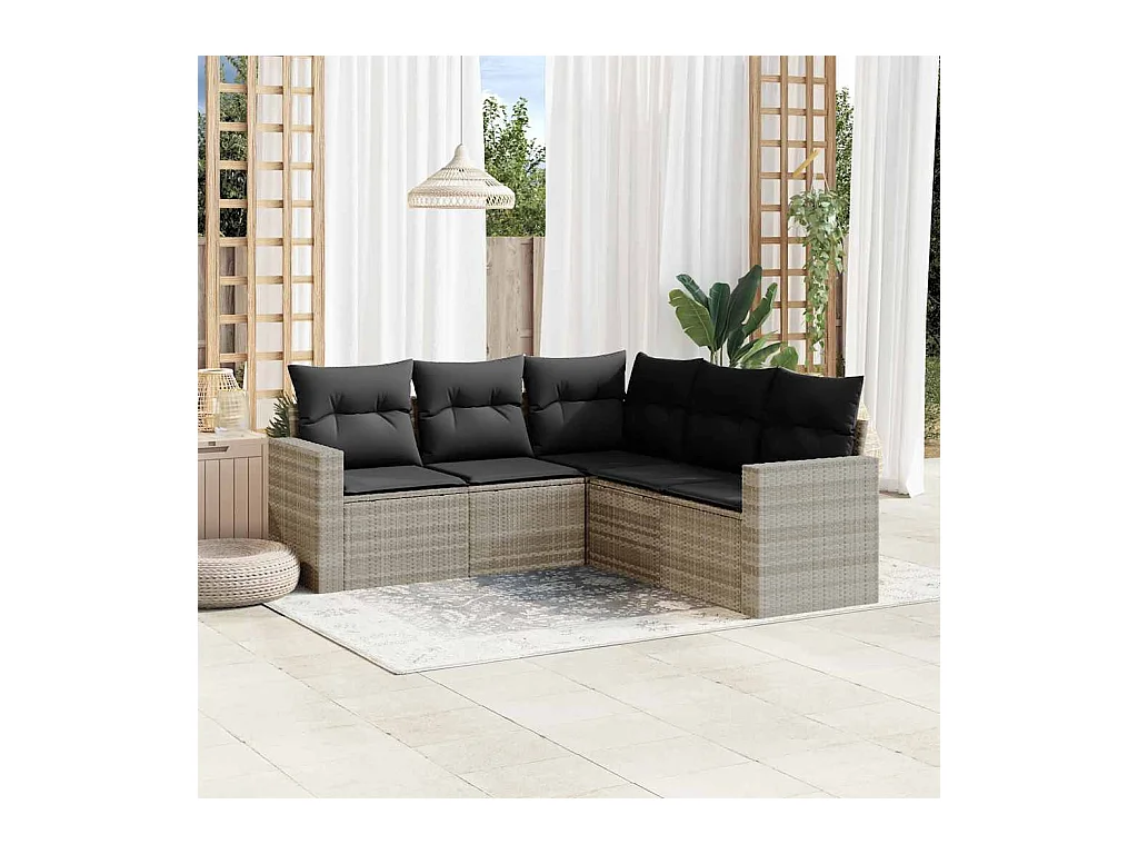 5-tlg. Garten-Sofagarnitur mit Kissen Hellgrau Poly Rattan