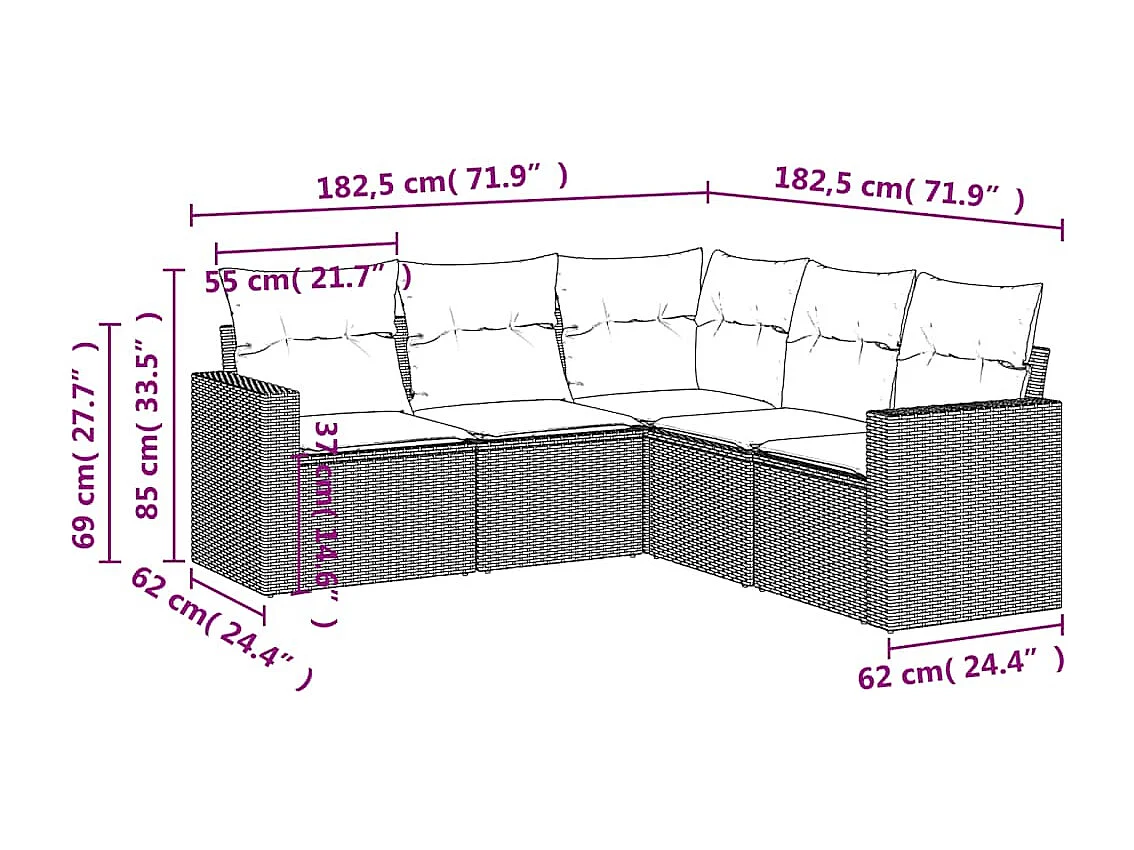 Salon de jardin 5 pcs avec coussins gris clair résine tressée
