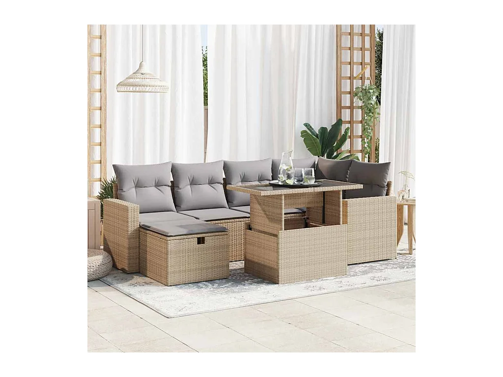 7-delige Loungeset met kussens poly rattan beige