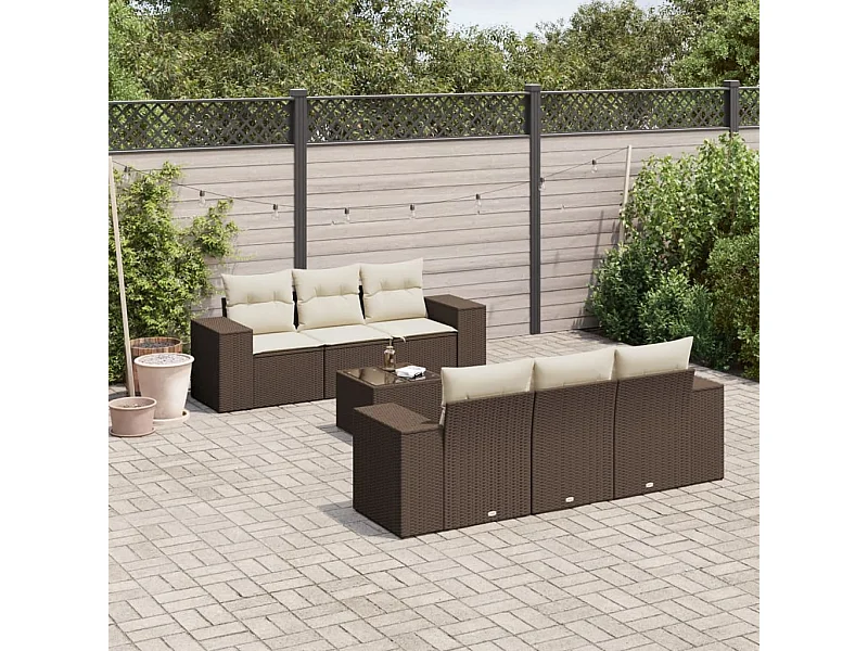 Salon de jardin avec coussins 7 pcs marron résine tressée