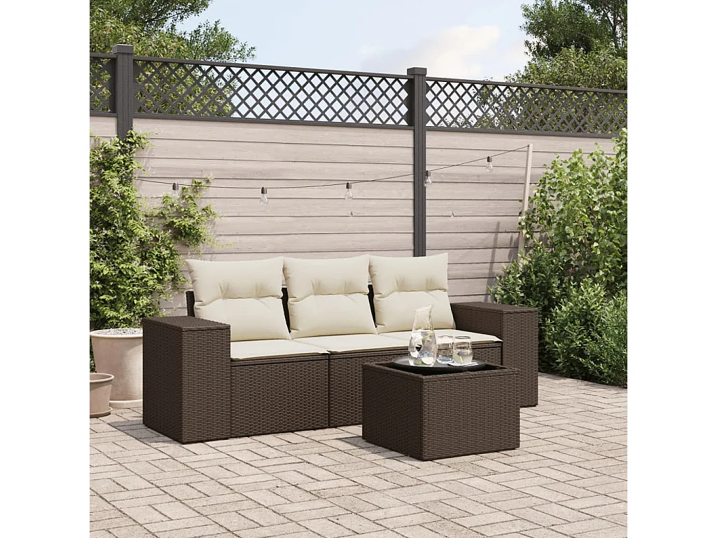 Set Divano da Giardino 4 pz con Cuscini Marrone in Polyrattan