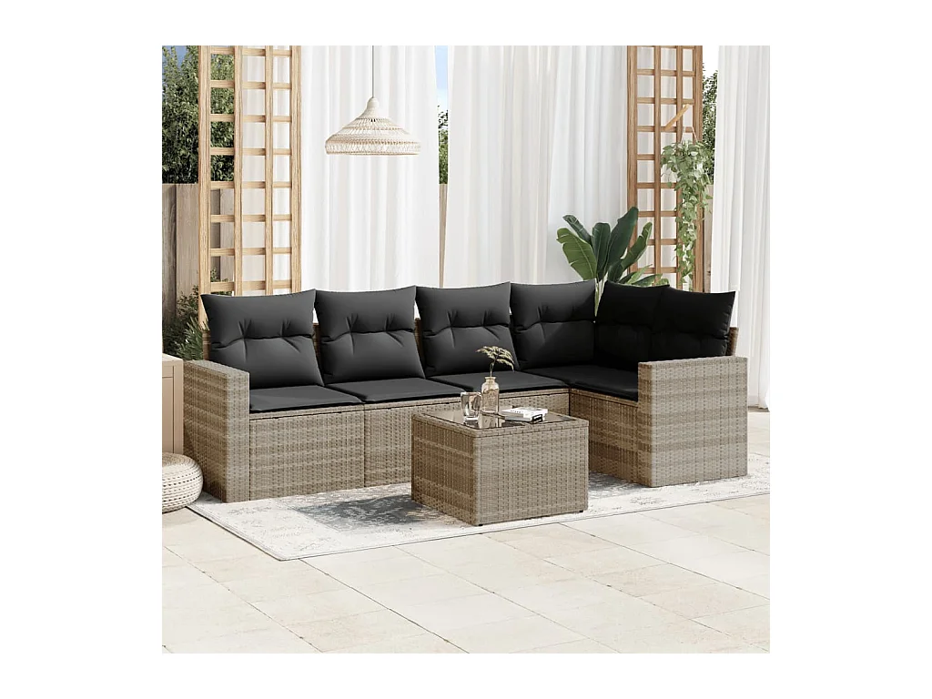 6-tlg. Garten-Sofagarnitur mit Kissen Hellgrau Poly Rattan