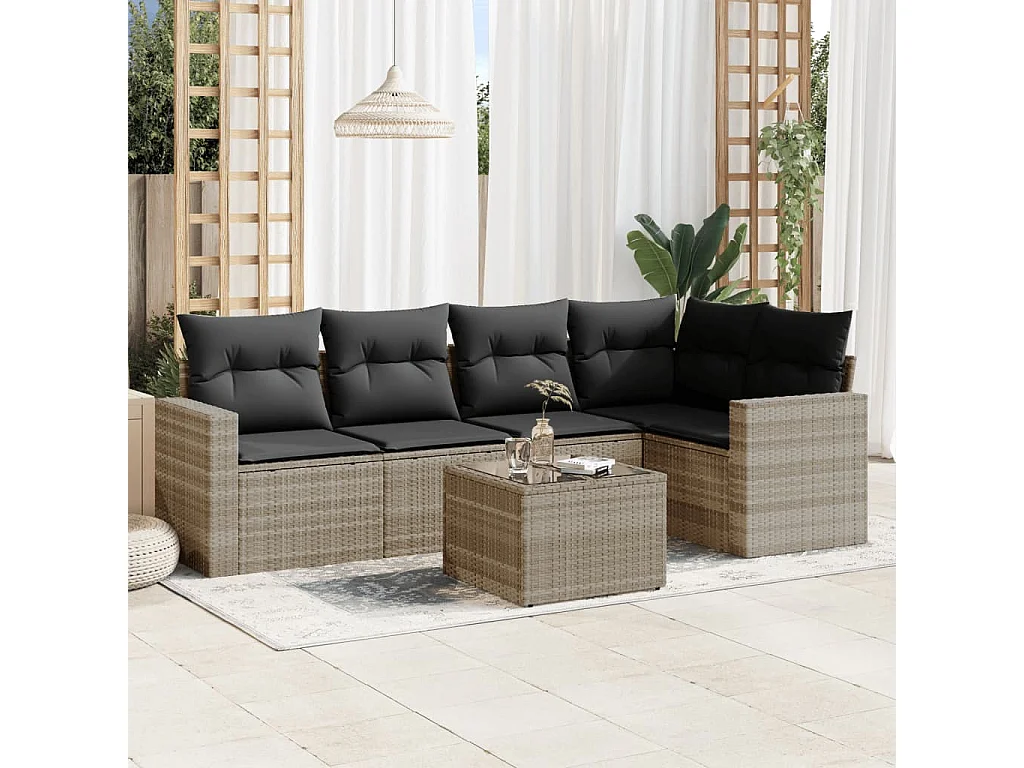 Salon de jardin 6 pcs avec coussins gris clair résine tressée
