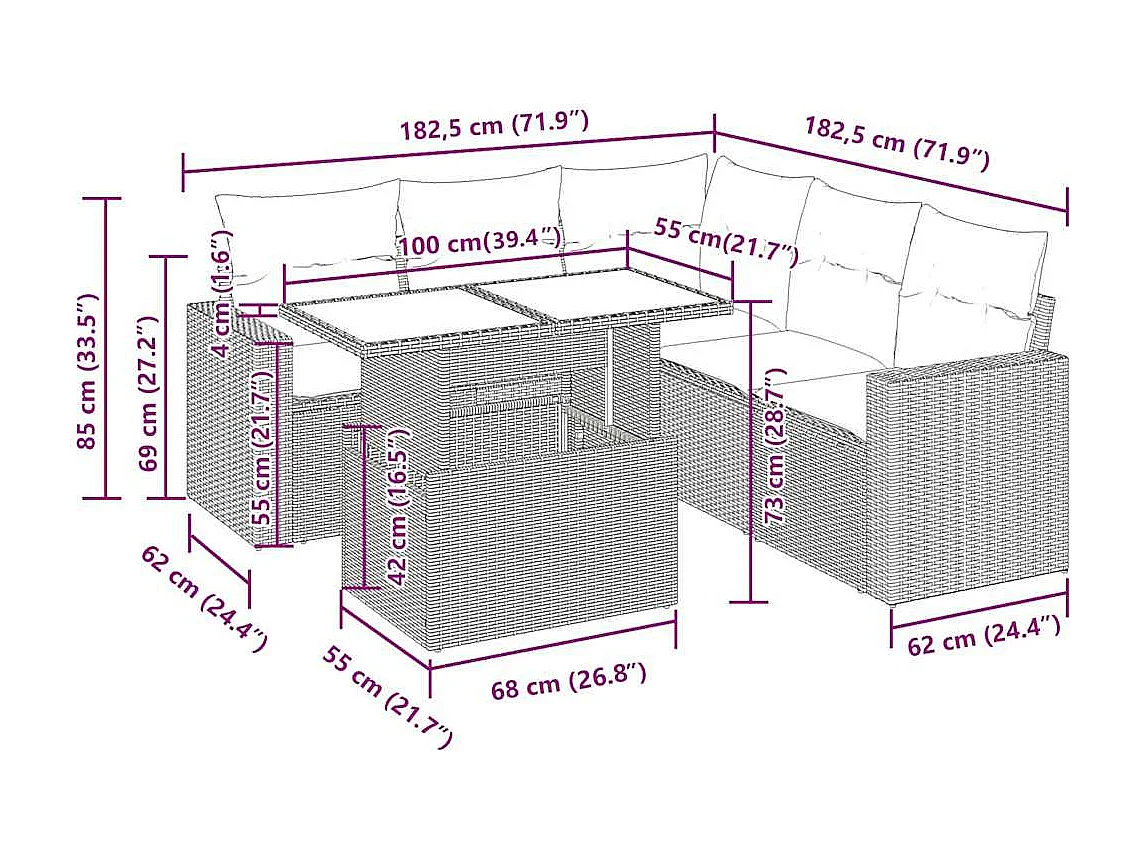 Salon de jardin 6 pcs avec coussins gris clair résine tressée
