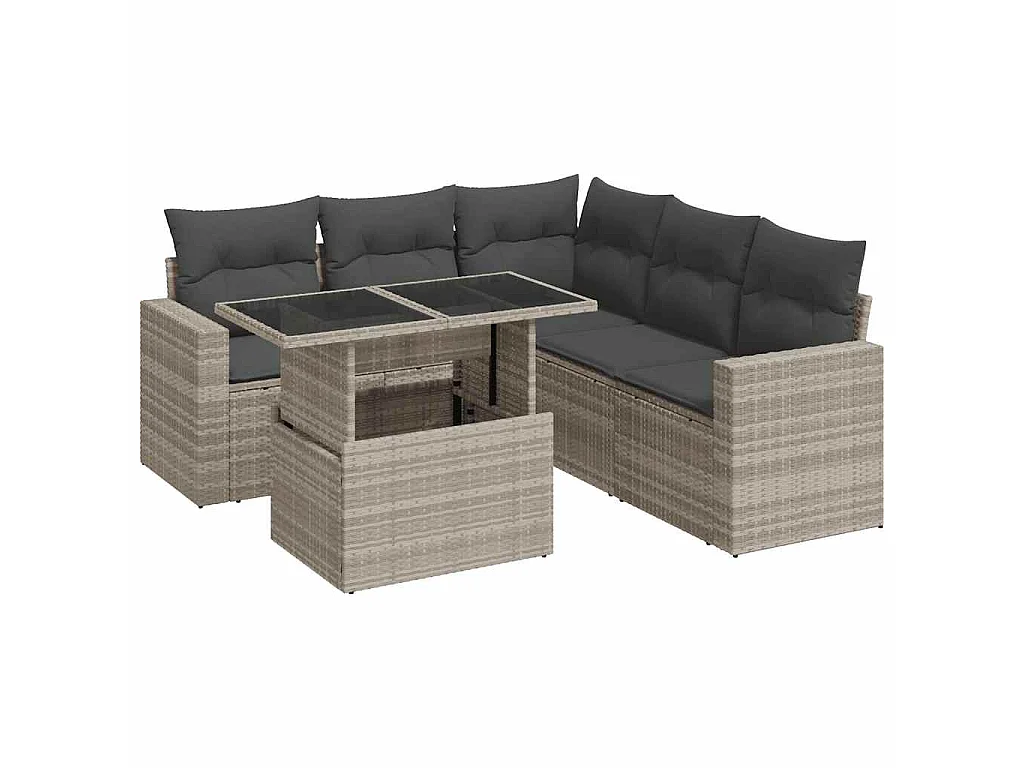 6-delige Loungeset met kussens poly rattan lichtgrijs