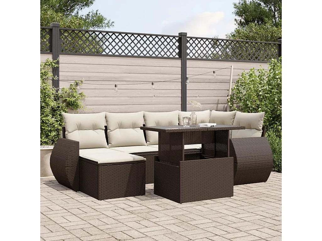 Salon de jardin avec coussins 7 pcs marron résine tressée