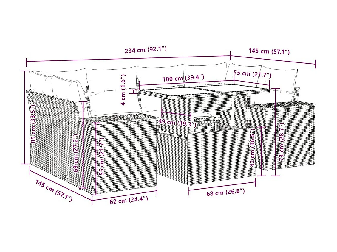 Salon de jardin avec coussins 7 pcs beige résine tressée