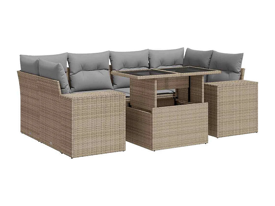 7-tlg. Garten-Sofagarnitur mit Kissen Beige Poly Rattan