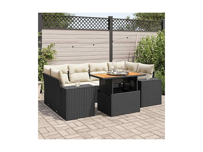Salon de jardin 7 pcs avec coussins noir résine tressée