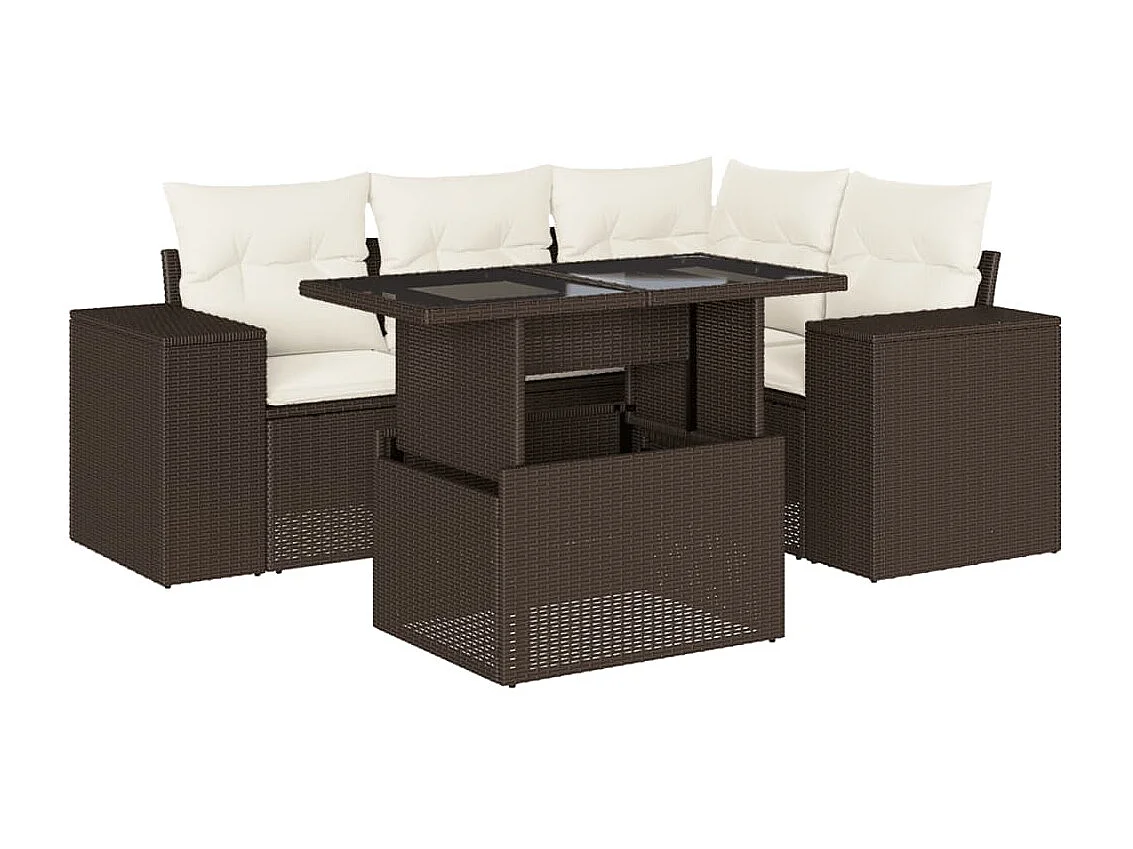 Set comedor de jardín 5 piezas y cojines ratán sintético marrón