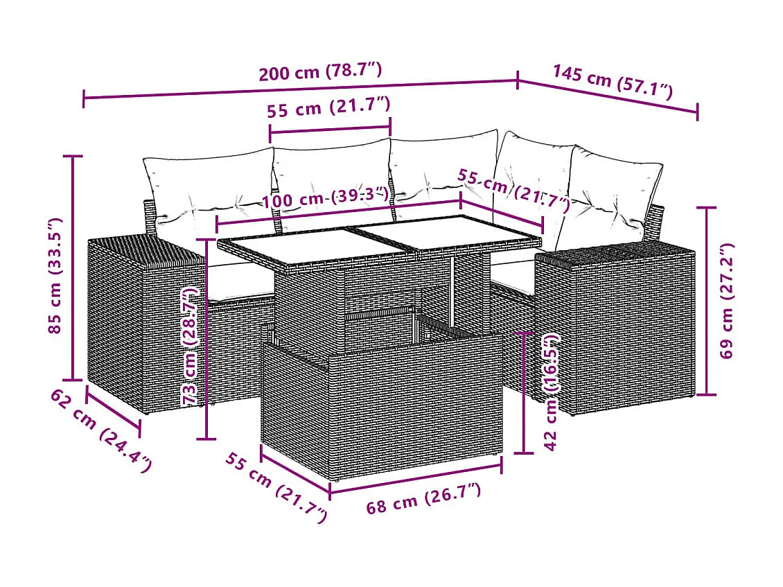 Set comedor de jardín 5 piezas y cojines ratán sintético marrón