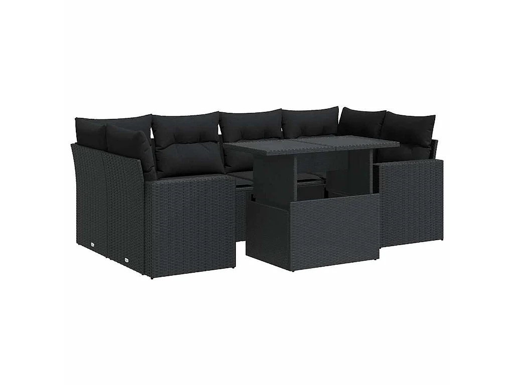 7 pcs conjunto de sofás p/ jardim c/ almofadões vime PE preto