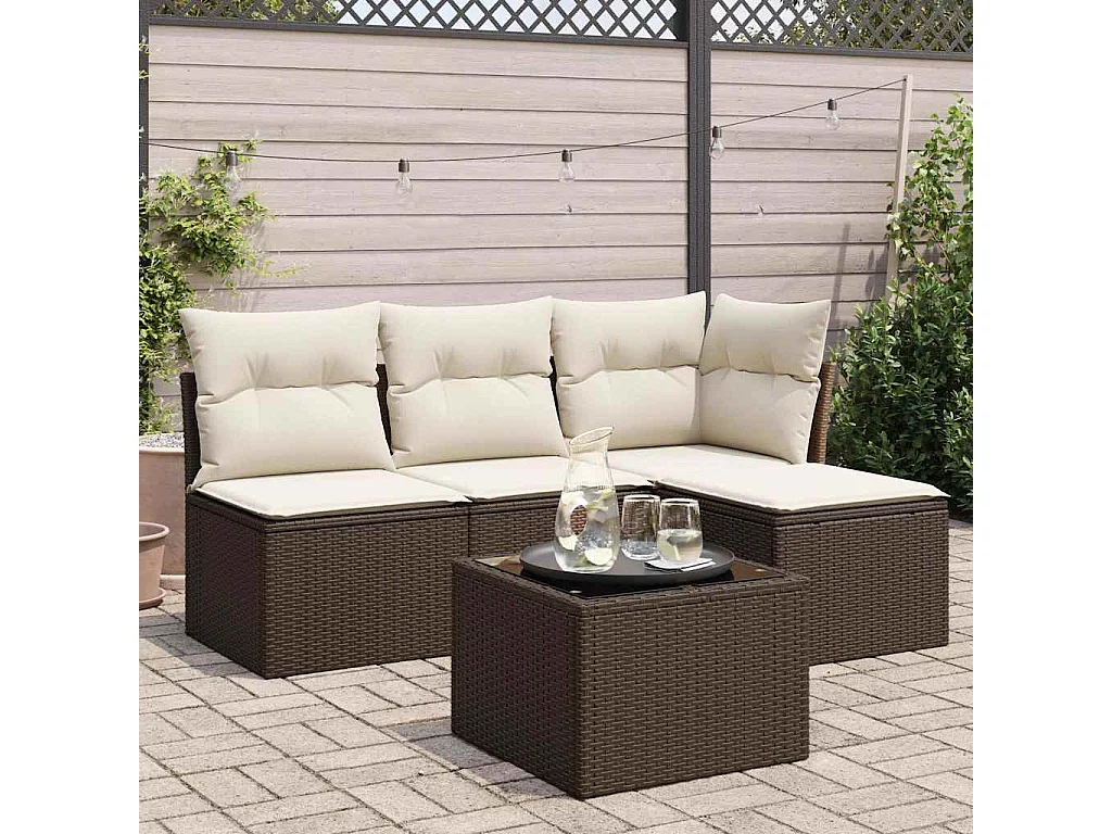 Salon de jardin avec coussins 5 pcs marron résine tressée