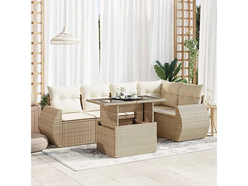 6-tlg. Garten-Sofagarnitur mit Kissen Beige Poly Rattan