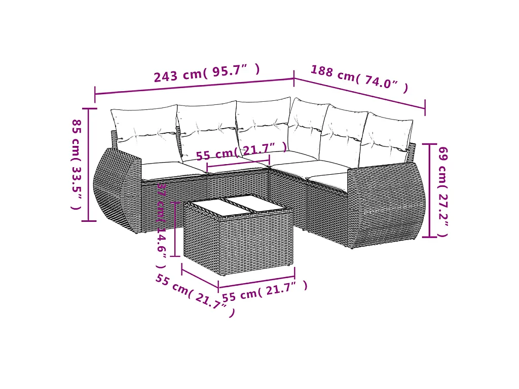Set sofás de jardín 6 piezas y cojines ratán sintético marrón