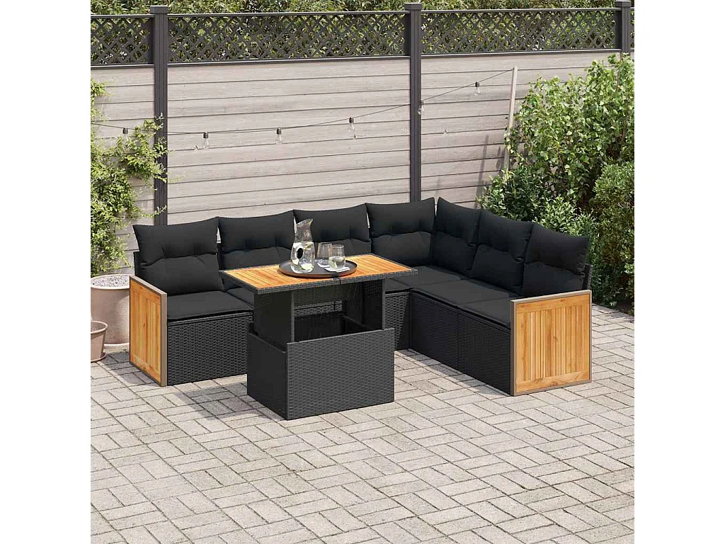 Salon de jardin avec coussins 7 pcs noir résine tressée acacia
