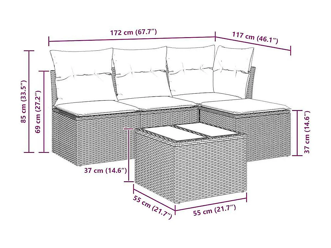 Salon de jardin avec coussins 5 pcs beige résine tressée