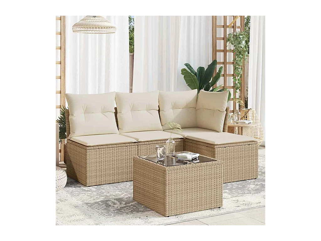 5-tlg. Garten-Sofagarnitur mit Kissen Beige Poly Rattan