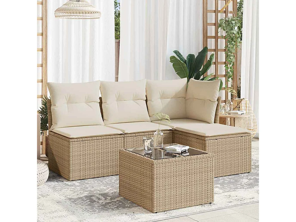 5-delige Loungeset met kussens poly rattan beige